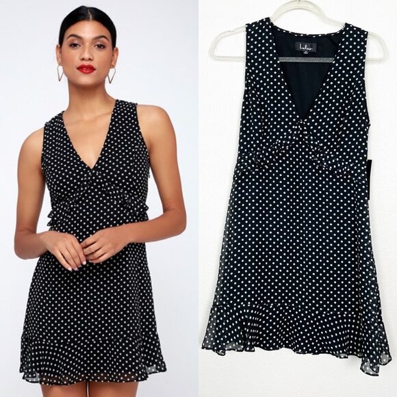 Lulus You Got It Black Polka Dot Mini Dress Sleeveless Ruffle V-Neck Womens Smal - Picture 1 of 11